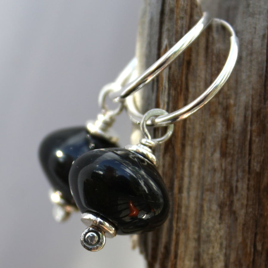 Silver and black onyx hoop earrings
