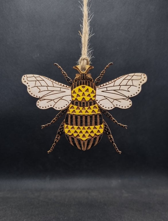 Folk Art Bee decoration, laser-cut and laser-etched on wood hand painted