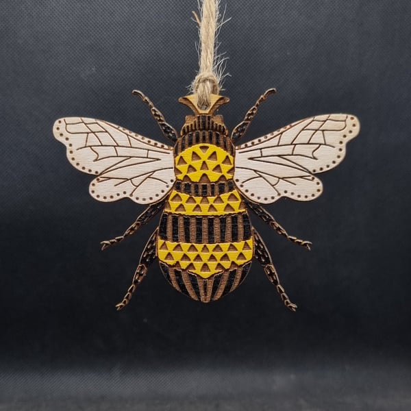 Folk Art Bee decoration, laser-cut and laser-etched on wood hand painted