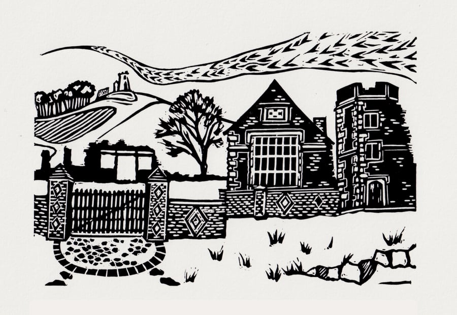 Bradgate Park- Bradgate House Lino Print- Black and White