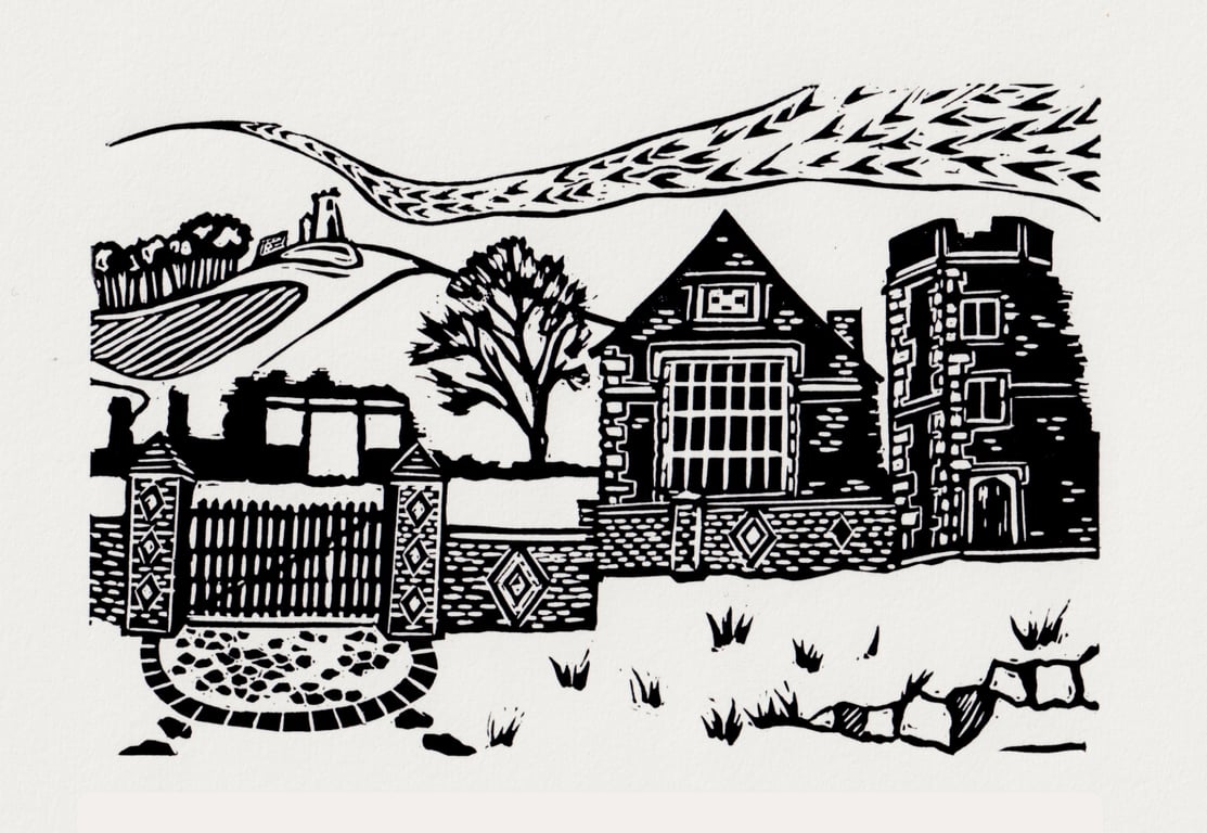 Bradgate Park- Bradgate House Lino Print- Black and White