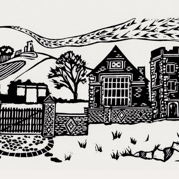 Bradgate Park- Bradgate House Lino Print- Black and White