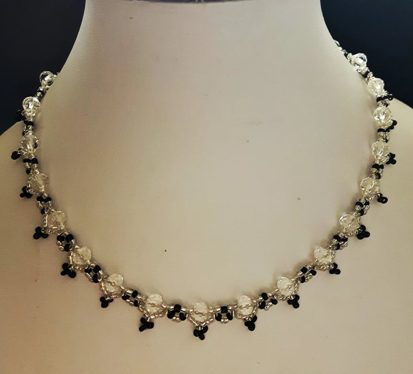 Crystal glass Bead NECKLACE art deco style SILVER BLACK glass 16" strand