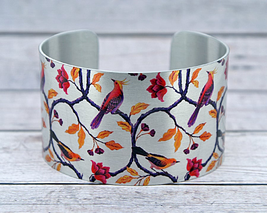 Bird cuff bracelet, wide metal bangle with exotic birds, bird lover gifts. C555