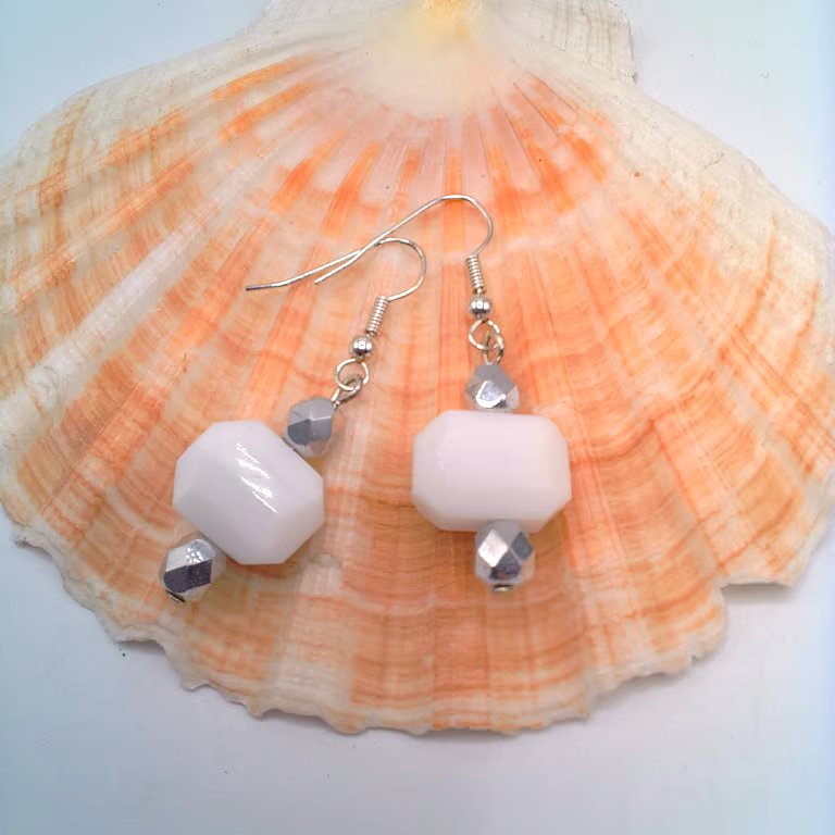 White Octagonal Glass Bead and Faceted Silver Bead Earrings, White Earrings