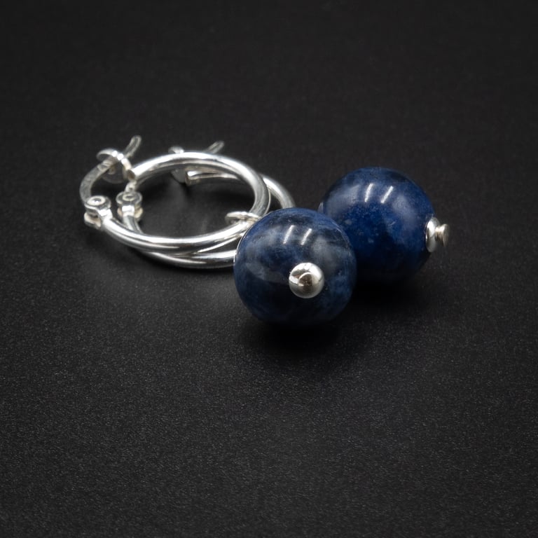 Sodalite, sterling silver gemstone drop hoop earrings, Sagittarius gift