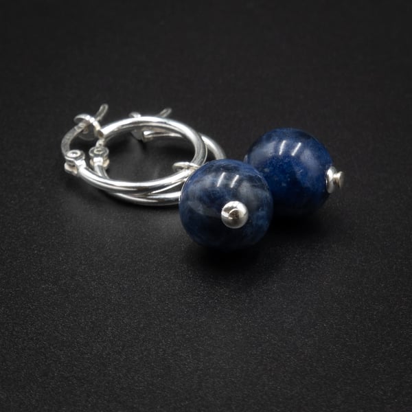 Sodalite, sterling silver gemstone drop hoop earrings, Sagittarius gift