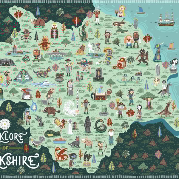 Folklore of Yorkshire an illustrated map - A3 Art print - Poster