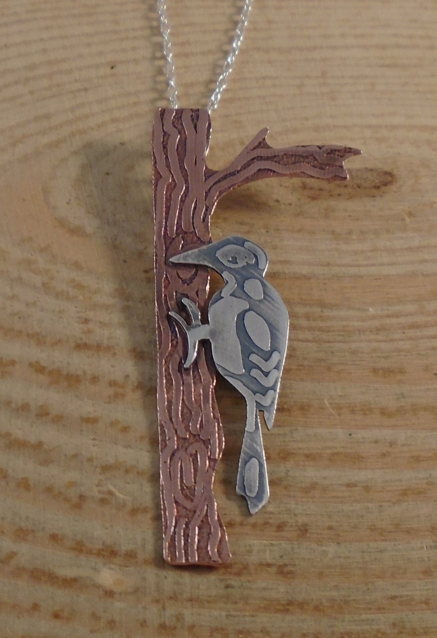 Sterling Silver and Copper Woodpecker Necklace