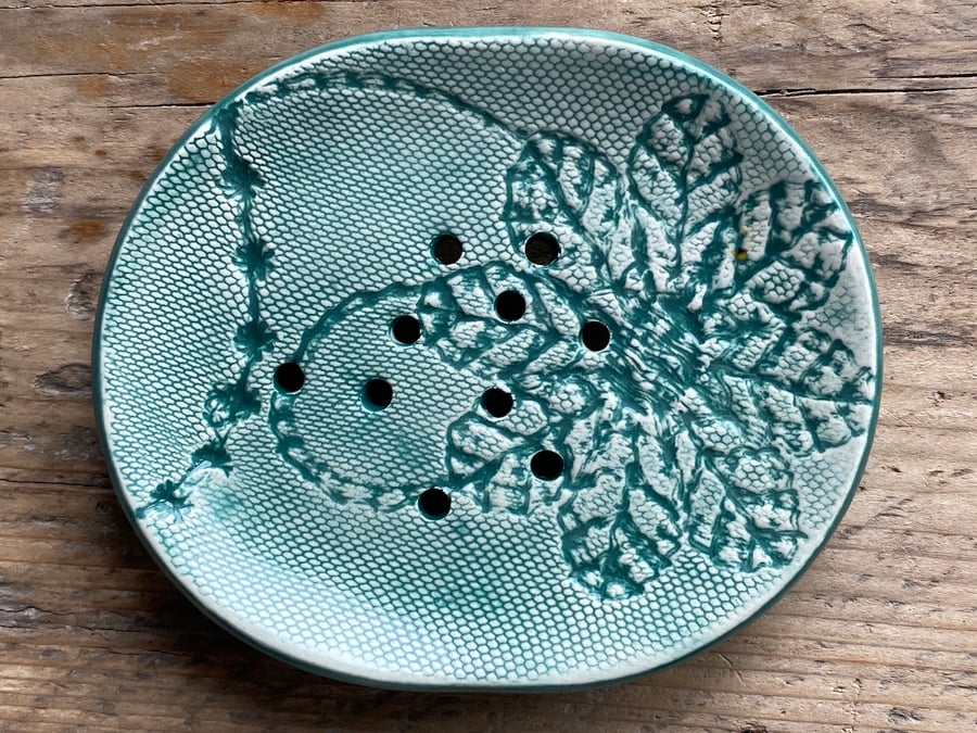 Handmade Green Crochet Pottery Soap Dish
