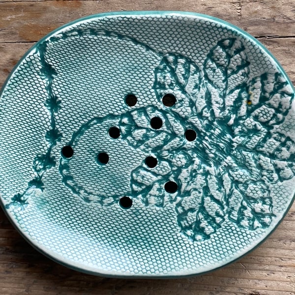 Handmade Green Crochet Pottery Soap Dish