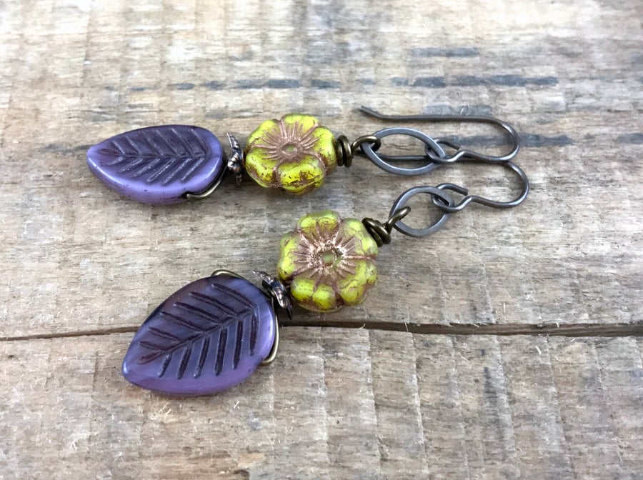Purple Leaf Earrings. Czech Glass Earrings. Flower Earrings. Nature Lover Gift