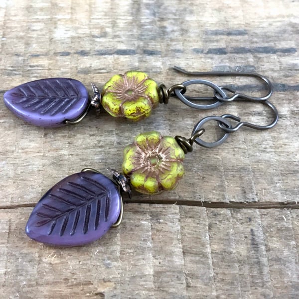Purple Leaf Earrings. Czech Glass Earrings. Flower Earrings. Nature Lover Gift