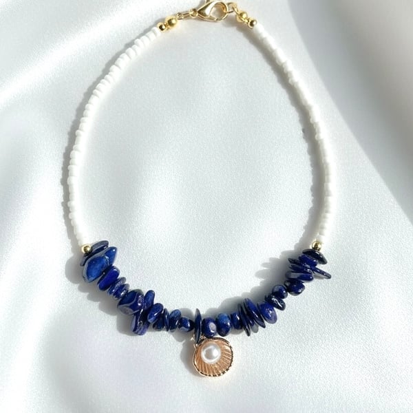 Handmade Deep Blue Shell Chip bead Anklet