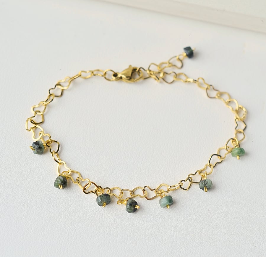 Emerald bracelet, Gold filled 14K heart chain heart shape special heart bracelet