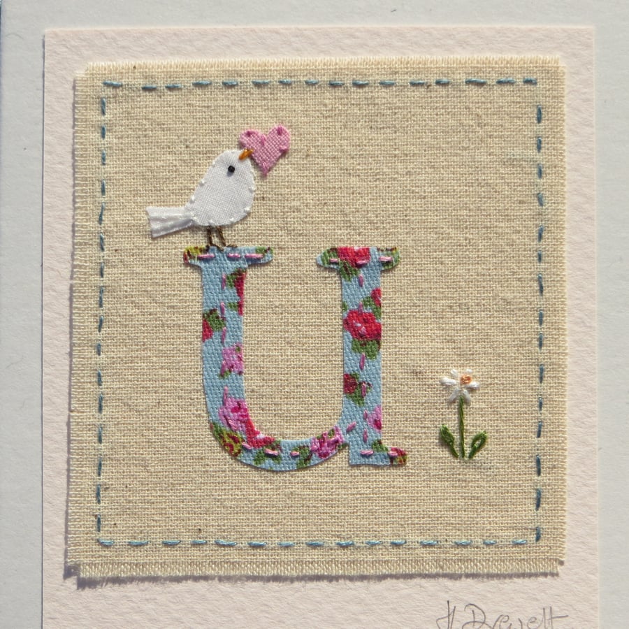 Letter U hand-stitched card, can be personalised,new baby,Christening,birthday