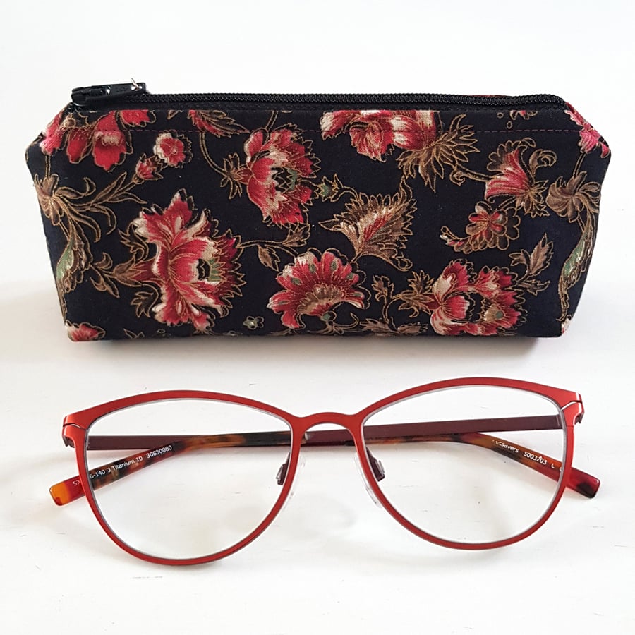 Black Floral Fabric Glasses Case - Zipped Spectacle & Sunglasses Pouch
