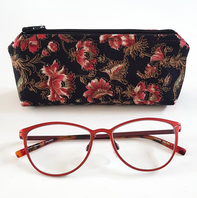 Black Floral Fabric Glasses Case - Zipped Spectacle & Sunglasses Pouch