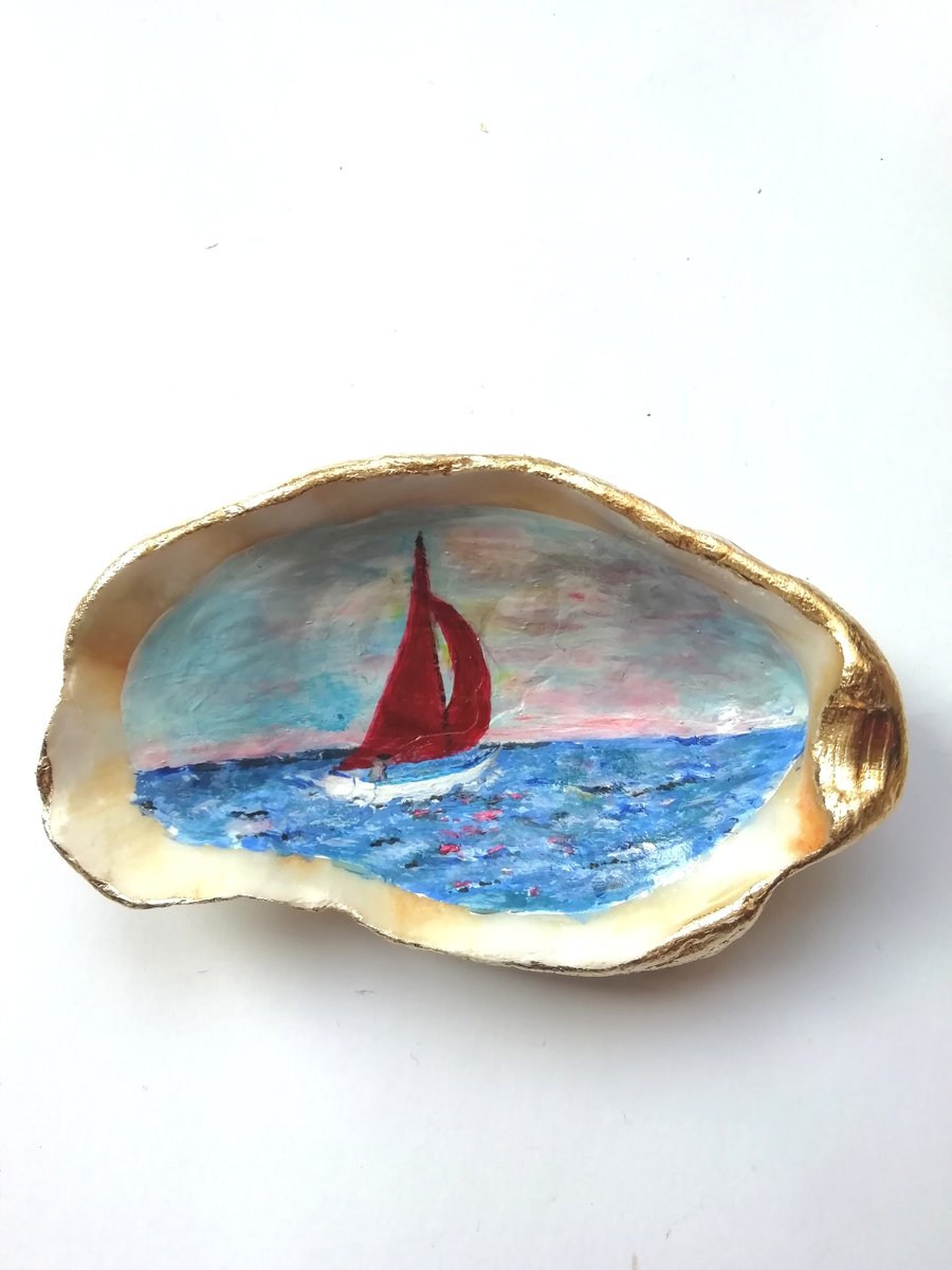 Boat painted oyster shell ring dish