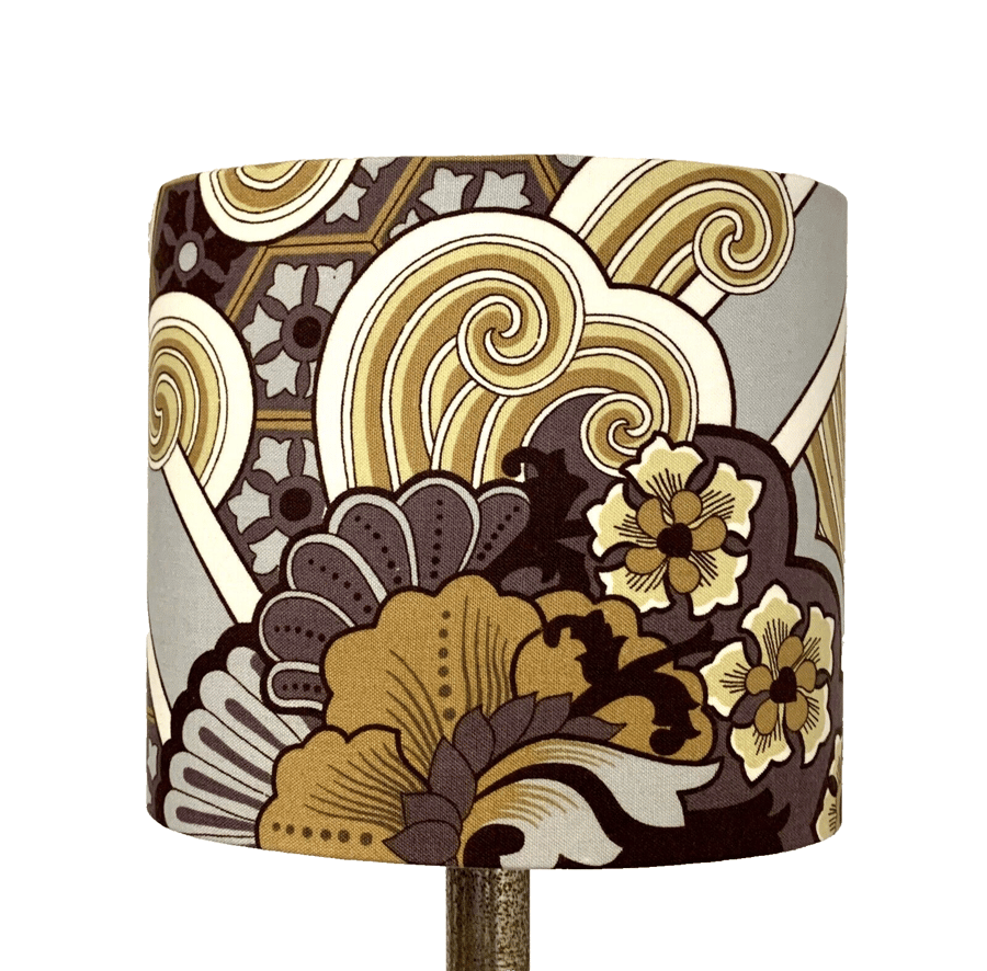 Retro Art Deco style Lampshade Mustard Grey Textra KENWOOD 70s Vintage Fabric