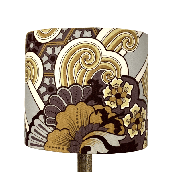 Retro Art Deco style Lampshade Mustard Grey Textra KENWOOD 70s Vintage Fabric