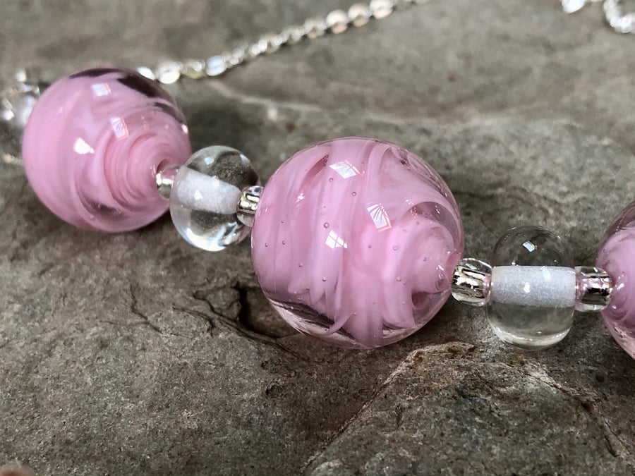 Pink lampwork glass bead necklace swirl balls