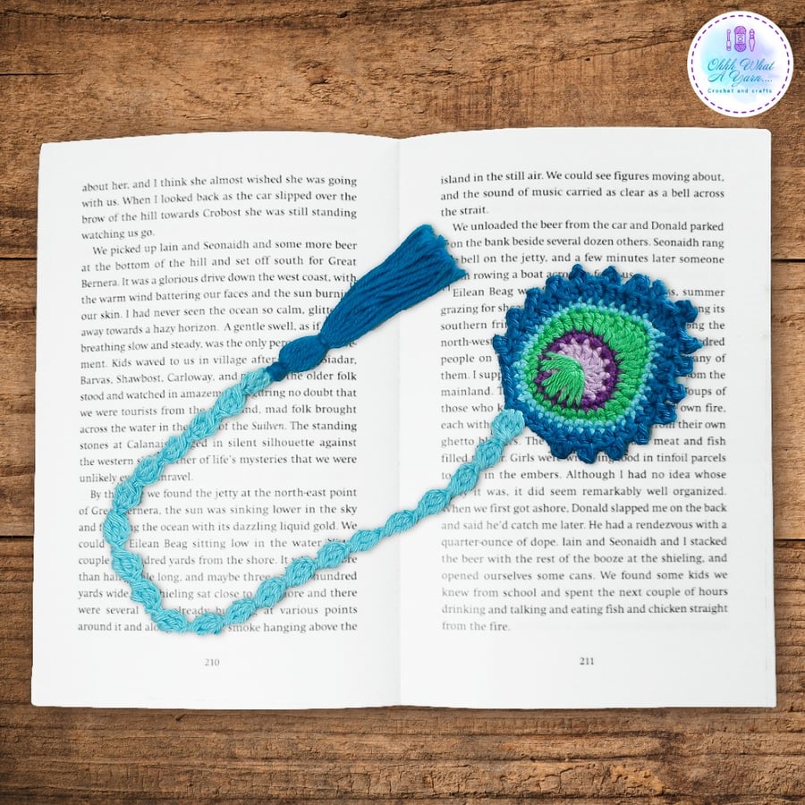 Blue and green peacock feather crochet bookmark, pagekeeper.