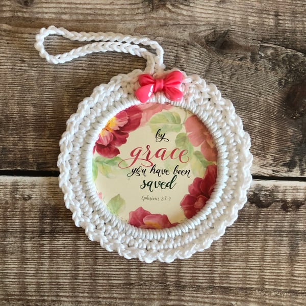 Hand crocheted Bible scripture frame