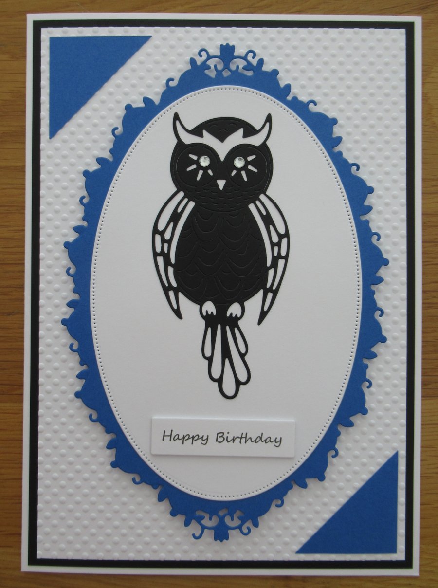 Owl Silhouette - A5 Birthday Card - Royal Blue