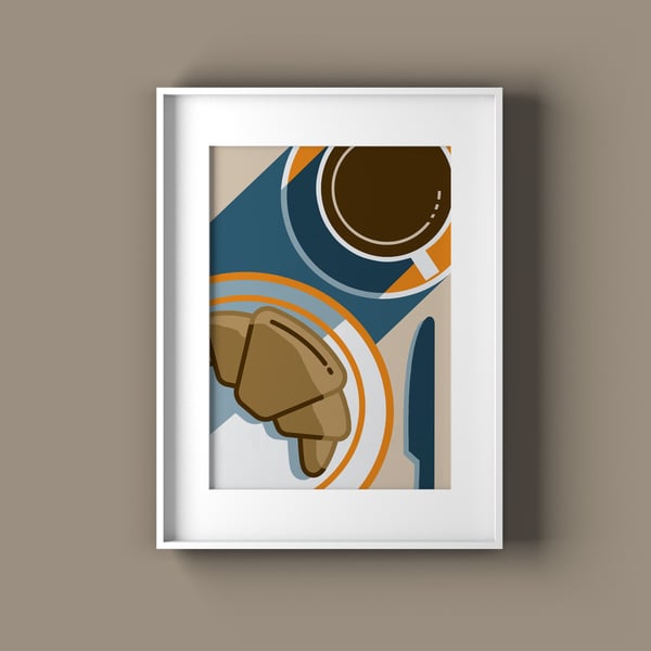 Coffee and Croissant foodie art print, Café kitchen wall decor, Gift for her