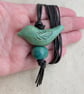 Green ceramic bird pendant on dark brown leather cord - Image 2