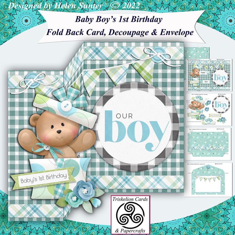 Printable Baby Boy First Birthday Fold Back Card Making Kit & Envelope 