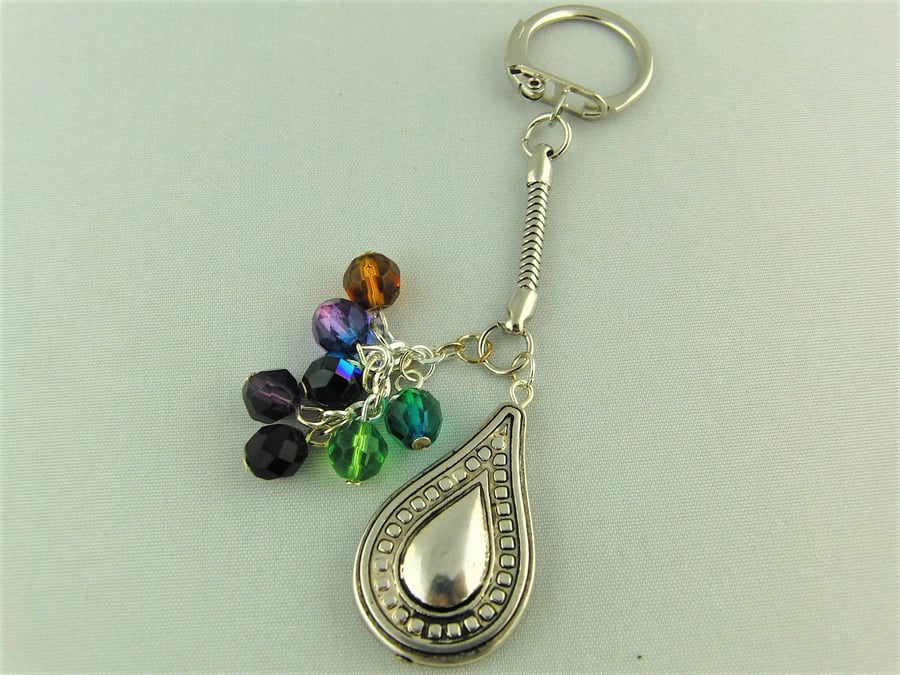 Silver Tear Drop Charm and Multi Coloured Crystal Bead Key Ring