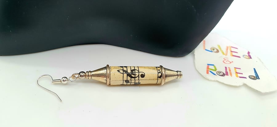 Music notes paper beaded earrings with tapered silver bead ends
