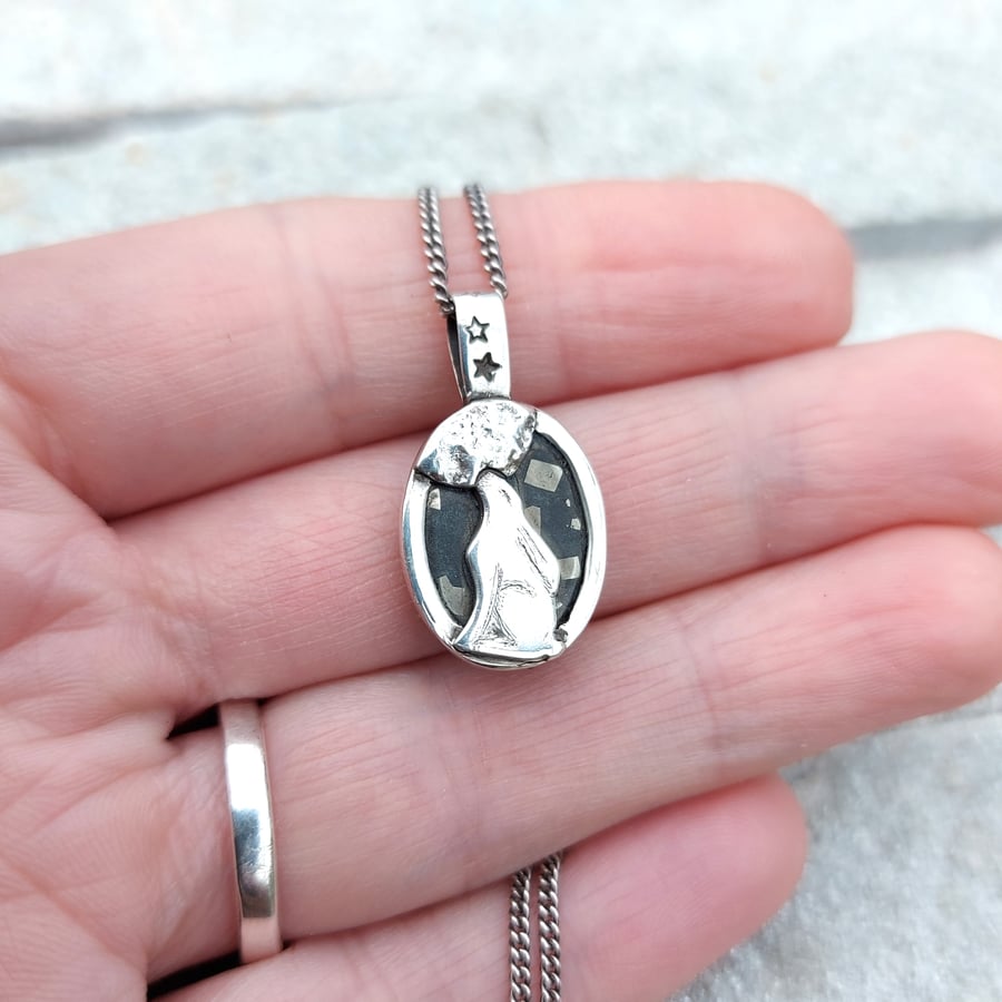 Moon Gazing Hare Reversible Handmade Necklace with Scottish Slate and Pyrite