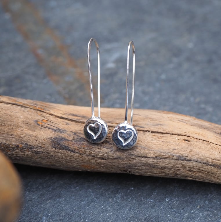 Argentium silver heart dangle drop earrings, silver drop earrings
