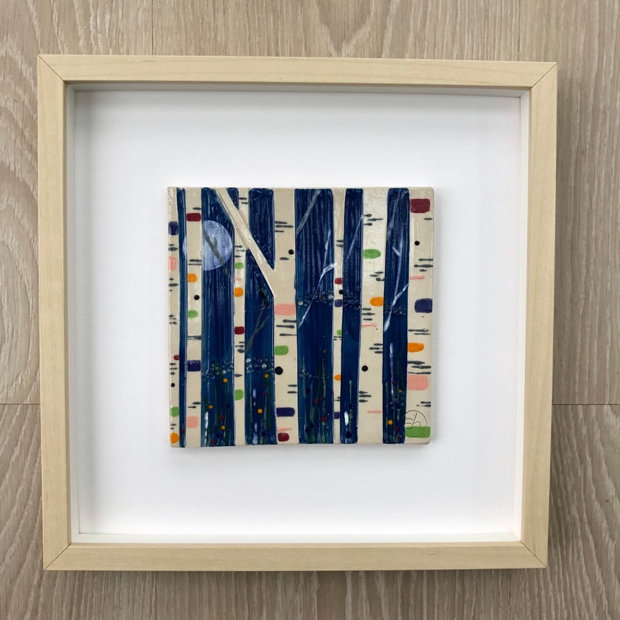 CERAMIC BIRCH TREES TILE - WOODEN FRAME