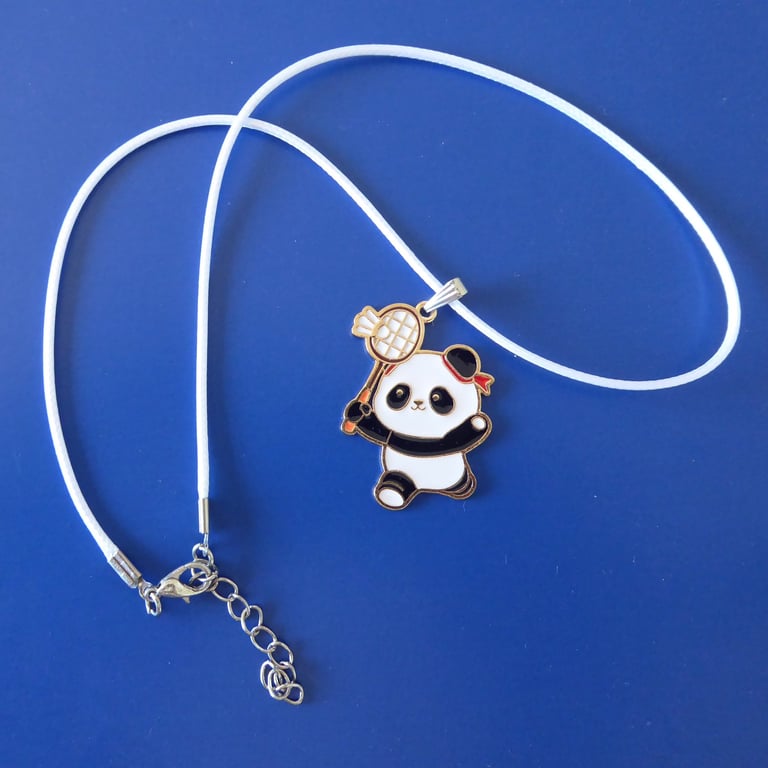 Whimsical Enamelled Panda Playing Badminton Pendant on White Cord