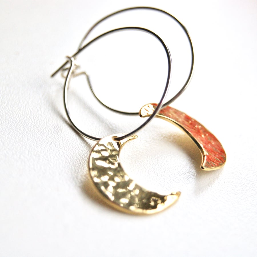 Handmade Solid Sterling silver hoop earrings  with Hand cut brass Crescent Moon 