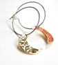 Handmade Solid Sterling silver hoop earrings  with Hand cut brass Crescent Moon 