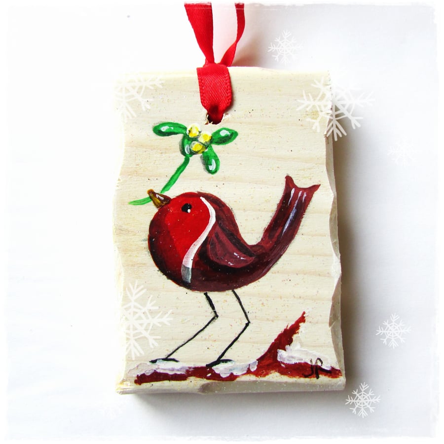 Robin Redbreast with Mistletoe- Hand painted Christmas Tree Decoration