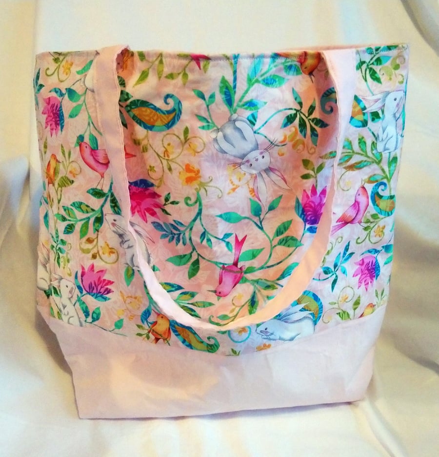 Pale Pink Rabbit and Bird Design Tote Bag