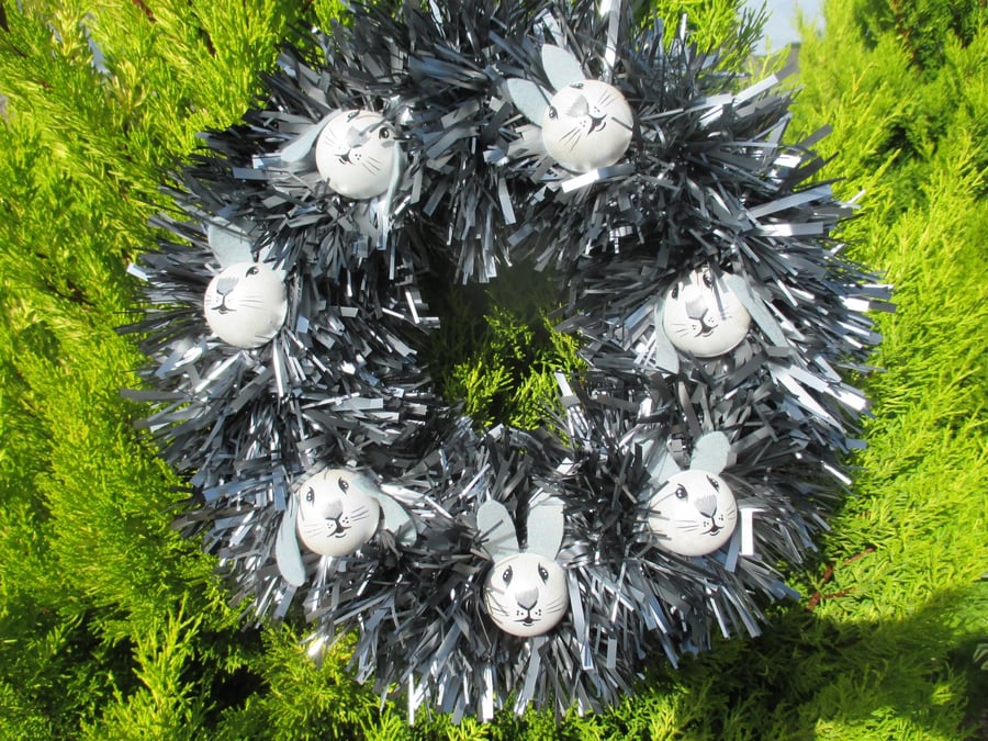 Christmas Wreath Tinsel with Bunny Rabbit Hand Painted Bauble Heads monochrome
