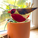 Little Red Robin plant stake, fused glass. 