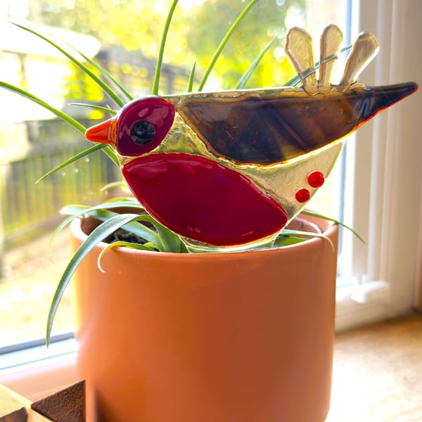 Little Red Robin plant stake, fused glass. 