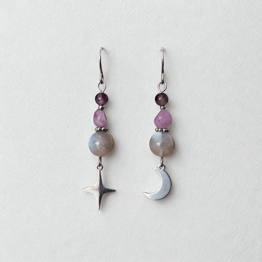 Earrings Amethyst Lepidolite Labradorite Bead Moon Star Silver Stainless Steel