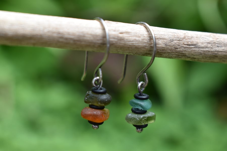 Highland Sea Glass and Sterling Silver Mismatched Stacked Earrings