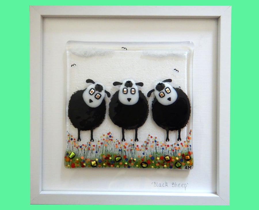 Handmade Fused Glass 'Black Sheep' Picture