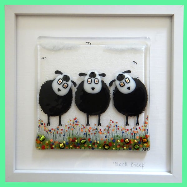 Handmade Fused Glass 'Black Sheep' Picture