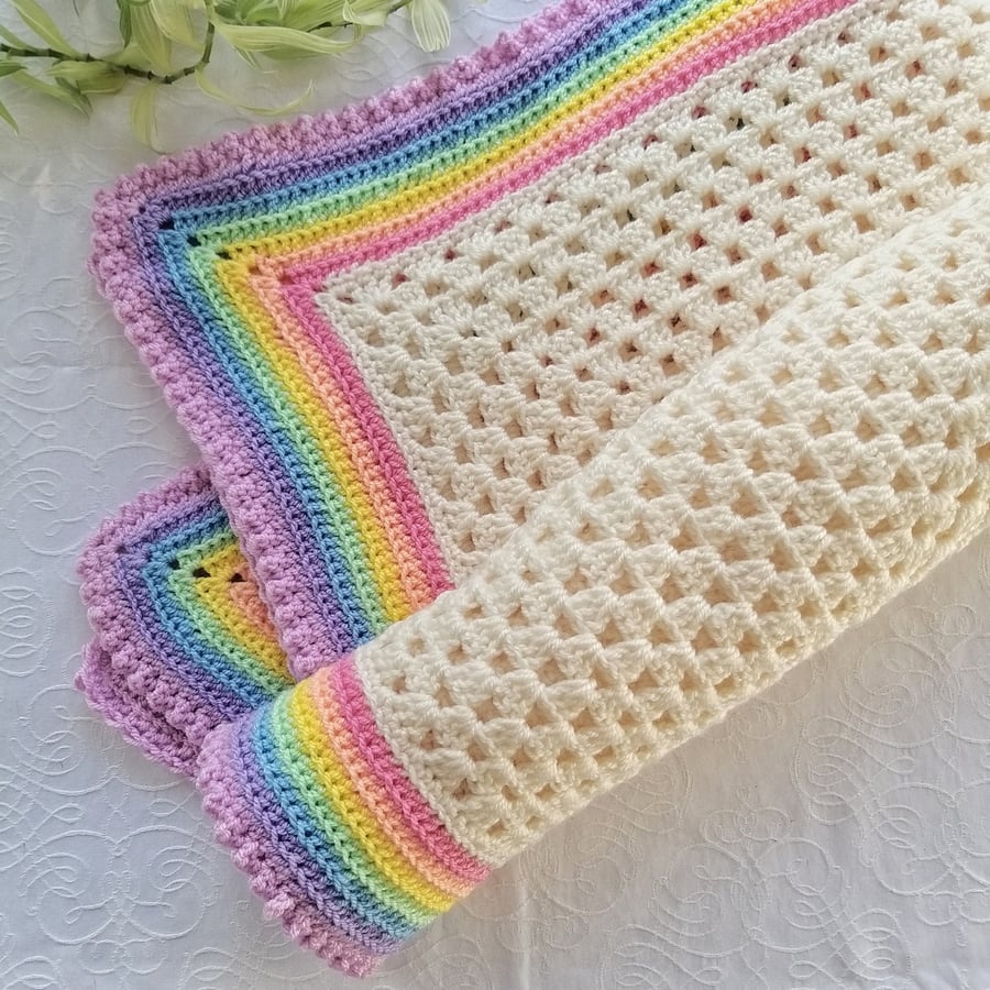 Crochet Baby Blanket. Cream Granny Square Pastel Rainbow Border
